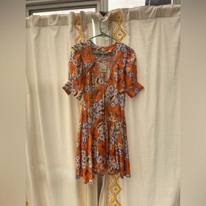 Free People Vibrant Orange and Purple Floral Mini Dress